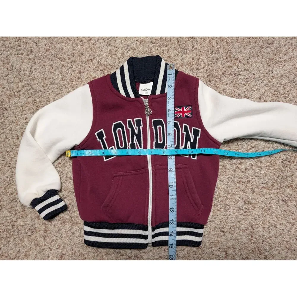 London Toddler Boys Maroon Cream Varsity Jacket Souvenir Bomber Coat Size 1/2
